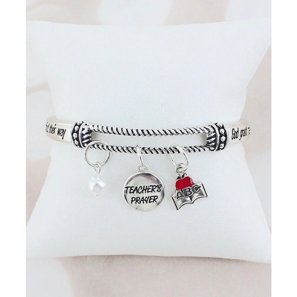 NEW Silvertone Teacher's Prayer Engraved Charm Stretch Bracelet